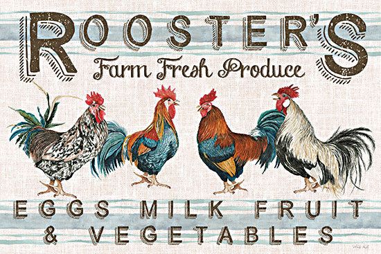 Cindy Jacobs CIN3660 - CIN3660 - Rooster's Farm Fresh Produce I - 18x12 Still Life, Kitchen, Roosters, Rooster's Farm Fresh Produce, Eggs, Milk, Fruit & Vegetables, Linen Tea Towel, Farmhouse/Country from Penny Lane