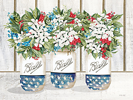 Cindy Jacobs CIN3825 - CIN3825 - Red, White and Blue Blooms - 16x12 Still Life, Patriotic, Red, White, Blue, Flowers, Ball Jars, Canning Jars, Greenery, Americana from Penny Lane