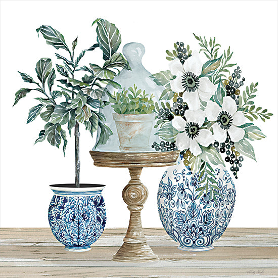 Cindy Jacobs CIN3848 - CIN3848 - Chinoiserie Florals IV - 12x12 Still Life, Blue & White Vases, Chinoiserie, European, Cloche, Potted Plants, Cake Plate, Flowers, White Flowers, Greenery from Penny Lane