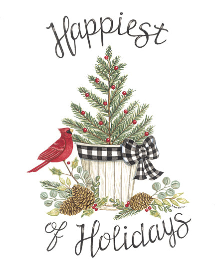 Deb Strain DS2203 - DS2203 - Happiest of Holidays - 12x16 Christmas, Holidays, Winter, Potted Christmas Tree , Happiest of Holidays, Typography, Signs, Textual Art, Cardinal, Still Life, Greenery, Pinecones, Nature, Black & White Plaid Ribbon from Penny Lane