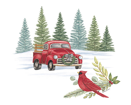 Deb Strain DS2204 - DS2204 - Winter Red Truck - 16x12 Christmas, Holidays, Winter, Truck, Red Truck, Trees, Pine Trees, Christmas Tree Farm, Cardinal, Greenery, Snow, Landscape from Penny Lane
