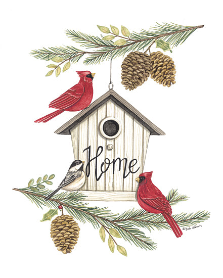 Deb Strain DS2205 - DS2205 - Cardinal Home - 12x16 Cardinals, Birdhouse, Pinecones, Pine Branches, Home, Typography, Signs, Textual Art, Winter from Penny Lane