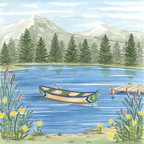 Deb Strain DS2273 - DS2273 - Canoeing on the Lake - 12x12 Lake, Canoe, Landscape, Dock, Hills, Trees, Pine Trees, Flowers, Yellow Flowers, Leisure, Summer from Penny Lane