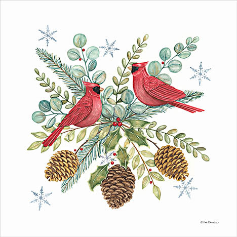 Deb Strain DS2277 - DS2277 - Cardinals and Greenery I - 12x12 Winter, Cardinals, Birds, Greenery, Eucalyptus, Pine Springs, Pinecones, Holly, Berries, Snowflakes from Penny Lane