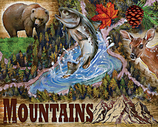 Ed Wargo ED487 - ED487 - Mountains - 16x12 Lodge, Bear, Deer, Fish, Salmon, Wildlife, Landscape, Mountains, Typography, Signs, Textual Art, Lake, Leaves, Pine Cone, Trees, Map, Masculine from Penny Lane