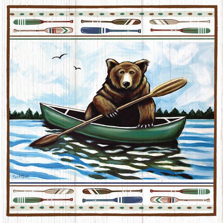 Elizabeth Tyndall ET225 - ET225 - Lodge Bear in Canoe - 12x12 Lake, Lodge, Bear, Whimsical, Canoe, Oars, Patterns, Border, Trees from Penny Lane