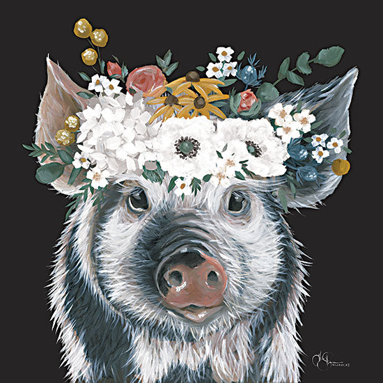 Hollihocks Art HH243 - HH243 - Charlotte's Flowers on Black - 12x12 Whimsical, Pig, Flowers, Floral Crown, Spring Flowers, Black Background from Penny Lane