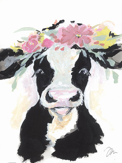 Jessica Mingo JM556 - JM556 - Spring Calf - 12x16 Whimsical, Cow, Calf, Black and White Cow, Flowers, Floral Crown, Pastel, Spring from Penny Lane