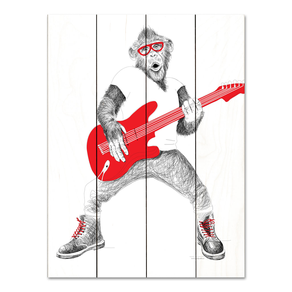 Kamdon Kreations KAM744PAL - KAM744PAL - Hey, Hey Monkey - 12x16 Whimsical, Monkey, Guitar, Rock N' Roll, Music, Drawing Print, Red & White, Masculine from Penny Lane