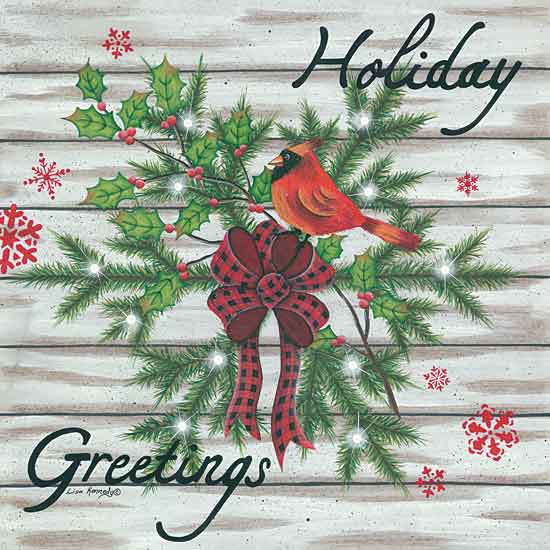 Lisa Kennedy KEN1084 - KEN1084 - Holiday Greetings - 12x12 Holiday Greetings, Cardinal, Pine Brach, Holly, Berries, Buffalo Plaid Ribbon, Wood Background, Snowflakes from Penny Lane