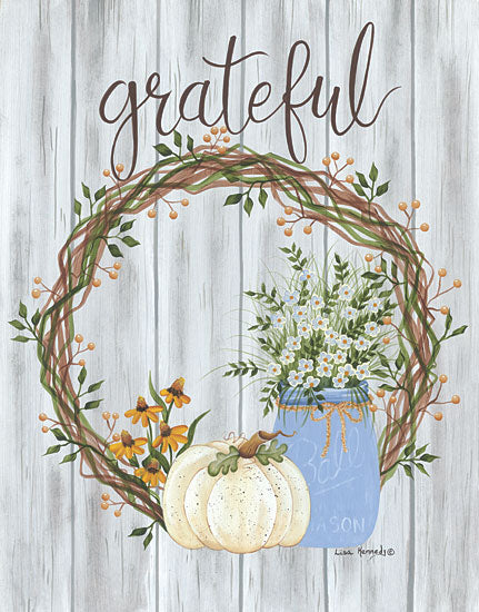 Lisa Kennedy KEN1196 - KEN1196 - Grateful - 12x16 Grateful, Pumpkins, White Pumpkins, Jar, Ball Jar, Flowers, Autumn, Grapevine Wreath, Wreath, Signs from Penny Lane