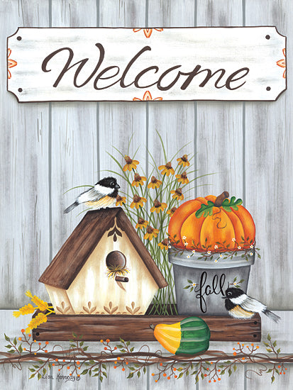 Lisa Kennedy KEN1206 - KEN1206 - Welcome Fall - 12x16 Welcome, Fall, Autumn, Birds, Birdhouse, Pumpkins, Gourds, Flowers, Still Life, Country, Signs from Penny Lane