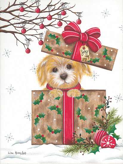 Lisa Kennedy KEN1236 - KEN1236 - Joy of a Puppy - 12x16 Christmas, Holidays, Puppy, Dog, Present, Gifts, Winter, Holly, Berries, Winter from Penny Lane
