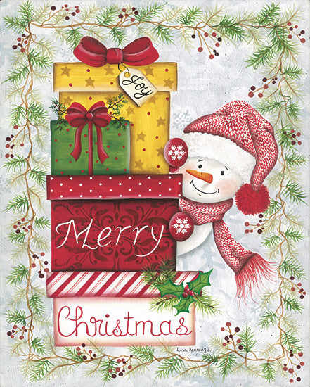 Lisa Kennedy KEN1312 - KEN1312 - Snowman & Presents - 12x16 Christmas, Holidays, Snowman, Presents, Joy, Merry Christmas, Typography, Signs, Textual Art, Winter, Pine Sprigs, Berries, Holly from Penny Lane