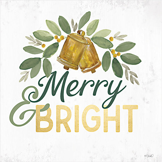 Kate Sherrill KS263 - KS263 - Merry & Bright - 12x12 Christmas, Holidays, Bells, Christmas Bells, Gold Bells, Eucalyptus, Berries, Swag, Merry & Bright, Typography, Signs, Textual Art, Winter from Penny Lane