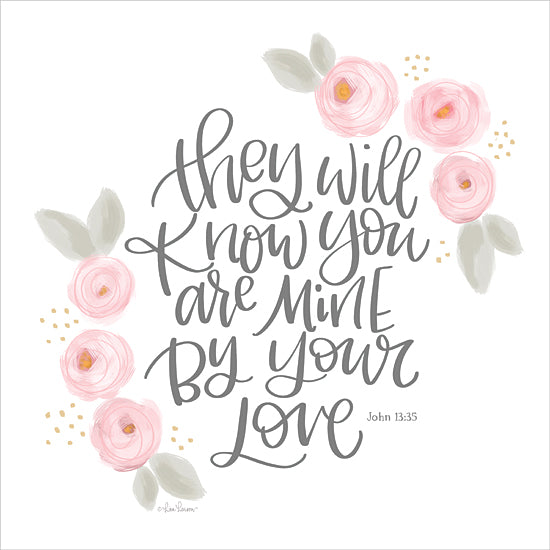 Lisa Larson LAR530 - LAR530 - They Will Know - 12x12 Baby, Baby's Room, New Baby, They Will Know You are Mine by Your Love, Bible Verse, John, Religious, Typography, Signs, Textual Art, Flowers, Pink Flowers, Girls from Penny Lane