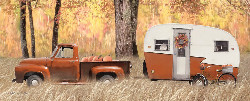 Lori Deiter LD1828B - LD1828B - Fall Camping with bike - 36x12 Truck, Camper, Autumn, Camping, Bike, Bicycle, Pumpkins, Trees from Penny Lane