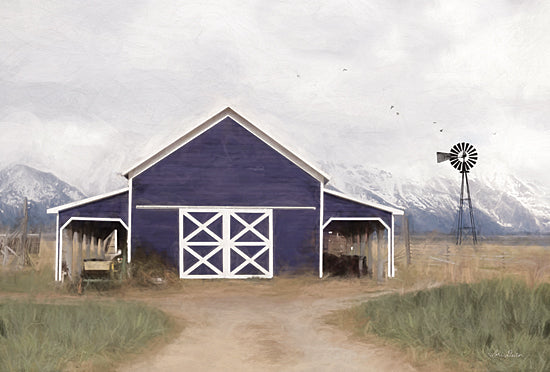 Lori Deiter LD1959 - LD1959 - Navy Barn in Tetons     - 18x12 Barn, Blue Barn, Windmill, Road, Farm, Mountains from Penny Lane