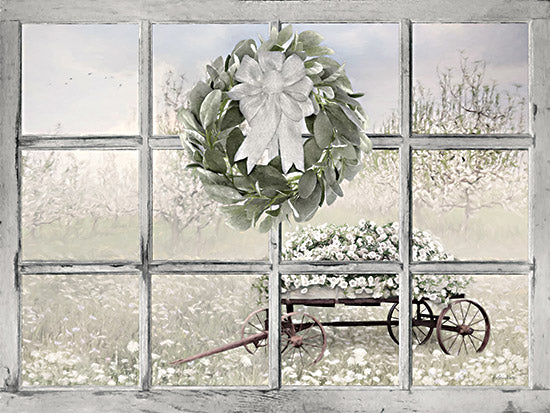 Lori Deiter LD3131 - LD3131 - A View of Spring Blossoms - 16x12 Photography, Wagon, Flowers, White Flowers, Wildflowers, Window, Wreath, Greenery, Eucalyptus, Bow from Penny Lane