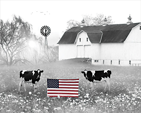 Lori Deiter LD3164 - LD3164 - Patriotic Cows - 16x12 Photography, Barn, White Barn, Patriotic, American Flag, Cows, Whimsical, Black & White, Summer, Independence Day from Penny Lane