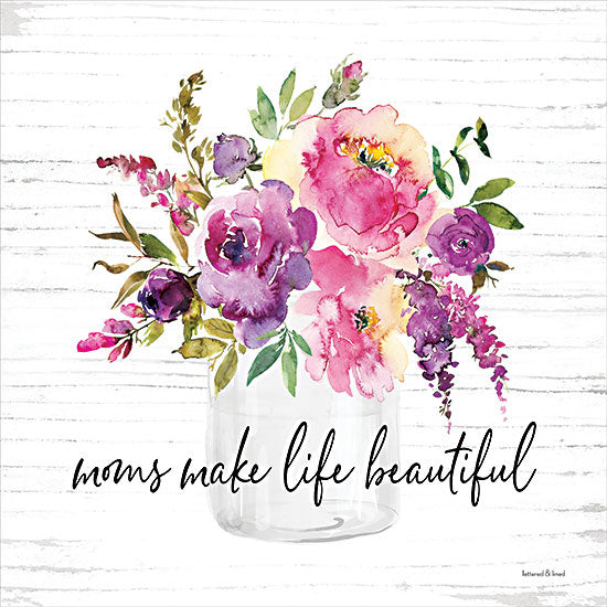 lettered & lined LET197 - LET197 - Mom's Make Life Beautiful - 12x12 Mom's Make Life Beautiful, Flowers, Pink and Purple Flowers, Glass Jar, Calligraphy, Signs from Penny Lane
