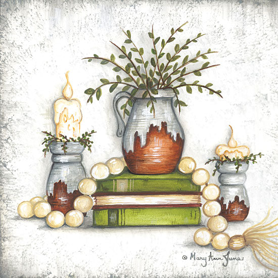 Mary Ann June MARY592 - MARY592 - Rusted Stoneware - 12x12 Still Life, Books, Beads, Candles, Candlesticks, Pitcher, Greenery, Cottage/Country from Penny Lane