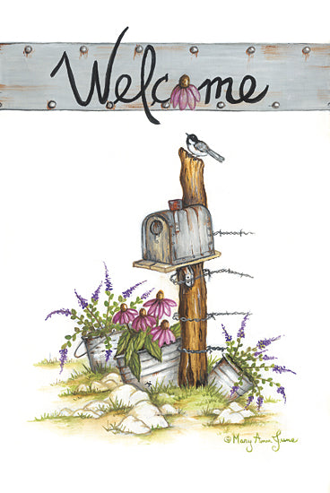 Mary Ann June MARY613 - MARY613 - Farmhouse Welcome - 12x18 Country, Farmhouse, Mailbox, Still Life, Bird, Flowers, Galvanized Pails, Spring, Lavender, Welcome, Typography, Signs, Textual Art from Penny Lane