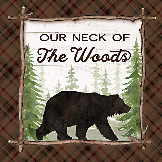 Mollie B. MOL2224 - MOL2224 - Our Neck of the Woods - 12x12 Lodge, Bear, Trees, Forest, Landscape, Our Neck of the Woods, Typography, Signs, Textual Art, Framed, Sticks, Patterns from Penny Lane