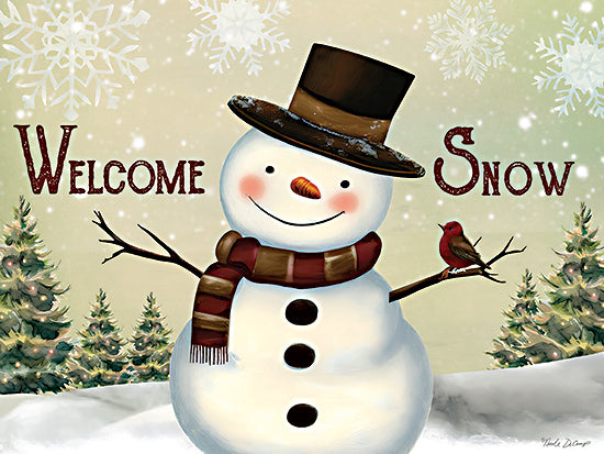 Nicole DeCamp ND125 - ND125 - Welcome Snow - 16x12 Winter, Snowman, Welcome Snow, Typography, Signs, Textual Art, Cardinal, Top Hat, Scarf, Trees, Pine Trees, Snow, Snowflakes from Penny Lane