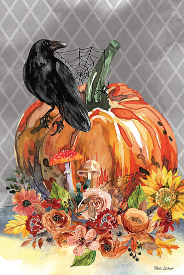 Nicole DeCamp ND143 - ND143 - Halloween Floral - 12x18 Fall, Still Life, Pumpkin, Crow, Flowers, Sunflowers, Leaves, Mushrooms, Spider, Spider Webs, Pattered Background from Penny Lane