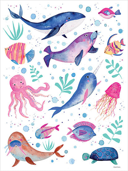 Rachel Nieman RN546 - RN546 - Cute and Quirky Nautical Animals - 12x16 Baby, New Baby, Nursery, Baby's Room, Aquatic Animals, Whale, Octopus, Fish, Sea Turtle, Seal, Walrus, Narwhal, Jellyfish, Seaweed, Whimsical from Penny Lane