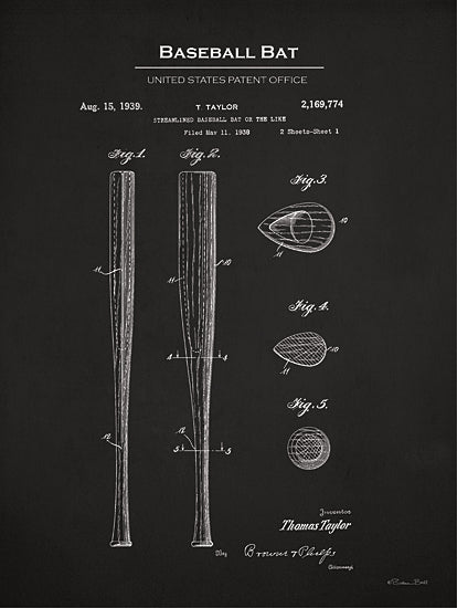 Susan Ball SB1281 - SB1281 - Baseball Bat Patent - 12x16 Baseball, Baseball Bat, Blueprint, Baseball Bat United States Patent Office, Typography, Signs, Textual Art, Design, Pattern, Masculine, Sports, Black & White from Penny Lane