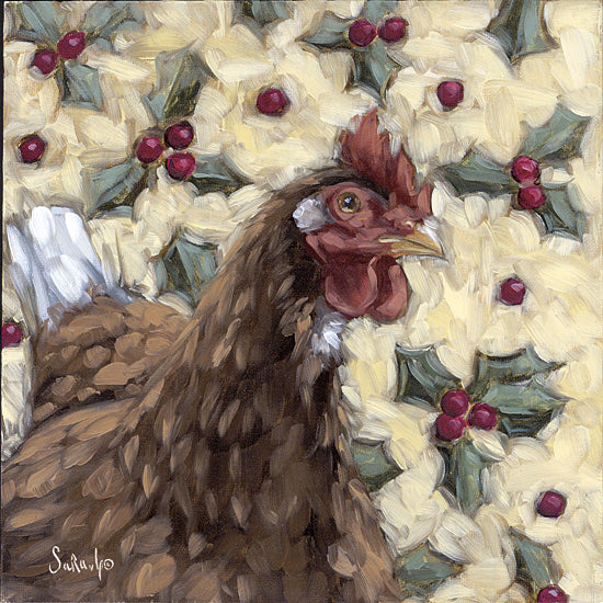 Sara G. Designs SGD235 - SGD235 - Festive Chicken - 12x12 Christmas, Holidays, Chicken, Flowers, White Flowers, Holly, Berries, Brush Strokes, Festive Chicken, Winter, Whimsical from Penny Lane