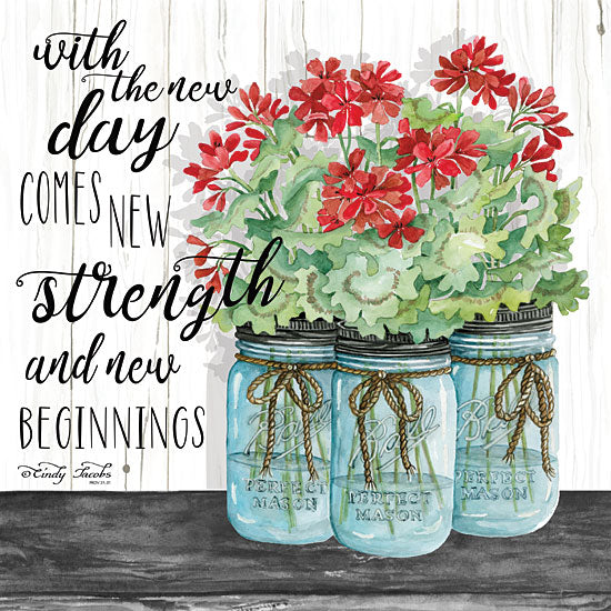 Cindy Jacobs CIN1574 - Blue Jars - New Beginnings - 12x12 Glass Jars, Shiplap, Still Life, Flowers, Red Flowers, Geraniums, New Day from Penny Lane