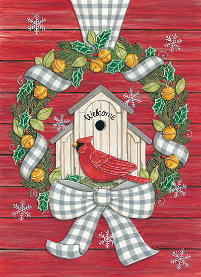 Deb Strain DS1756 - Farmhouse Christmas Wreath with Cardinal - 12x16 Wreath, Jingle Bells, Cardinal, Welcome, Shiplap, Bow from Penny Lane