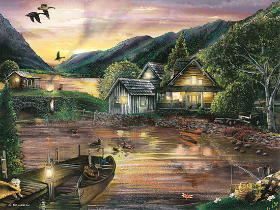 Ed Wargo ED414 - ED414 - Lakefront Camping II - 16x12 Cabin, Lake, Camping, Dock, Canoe, Birds, Dog, Fishing, Campsite, Nature from Penny Lane