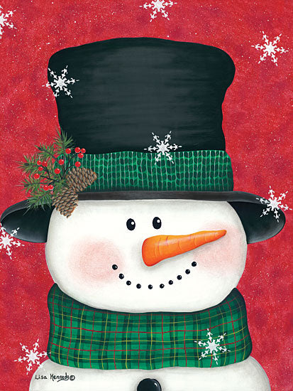 Lisa Kennedy KEN1050 - Pine Cones & Green Plaid Snowman - 12x16 Snowman, Black & Green Plaid, Scarf, Snowflakes, Winter from Penny Lane