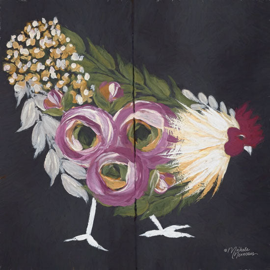 Michele Norman MN160 - Floral Hen on Black - 12x12 Hen, Chicken, Flowers, Botanical, Farm, Whimsical, Chalkboard from Penny Lane
